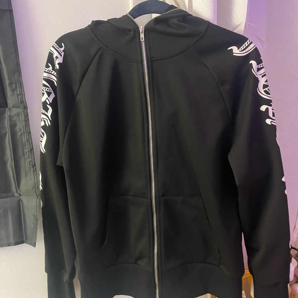 Black Zip-Up Hoodie with White Graphics
